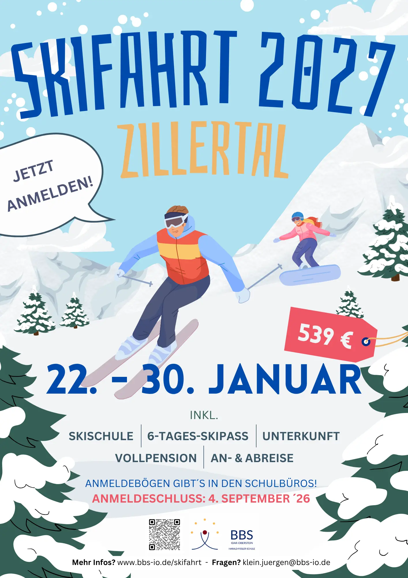 Plakat Skifahrt 2027 Zillertal, BBS Idar-Oberstein, 22.–30. Januar, 539 €